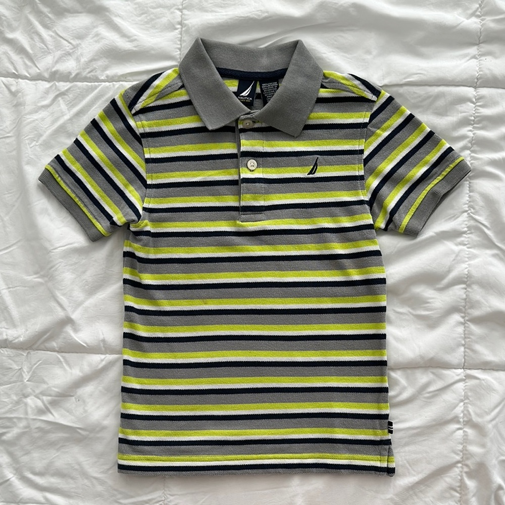 Nautica Green and Gray Striped Polo Shirt Classic Design
